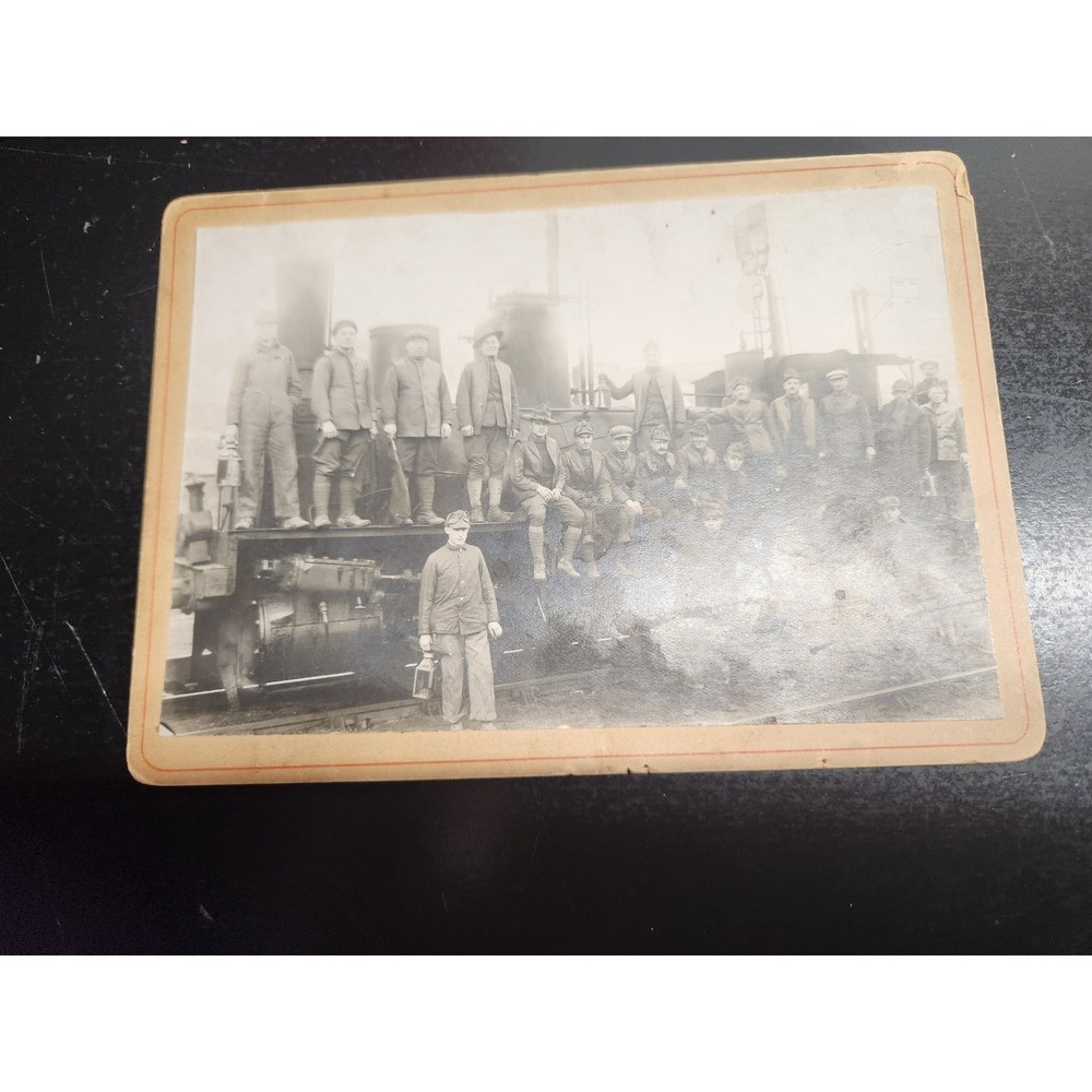 WWI Era Mounted Photograph Railroad Workers Train Locomotive Group Portrait